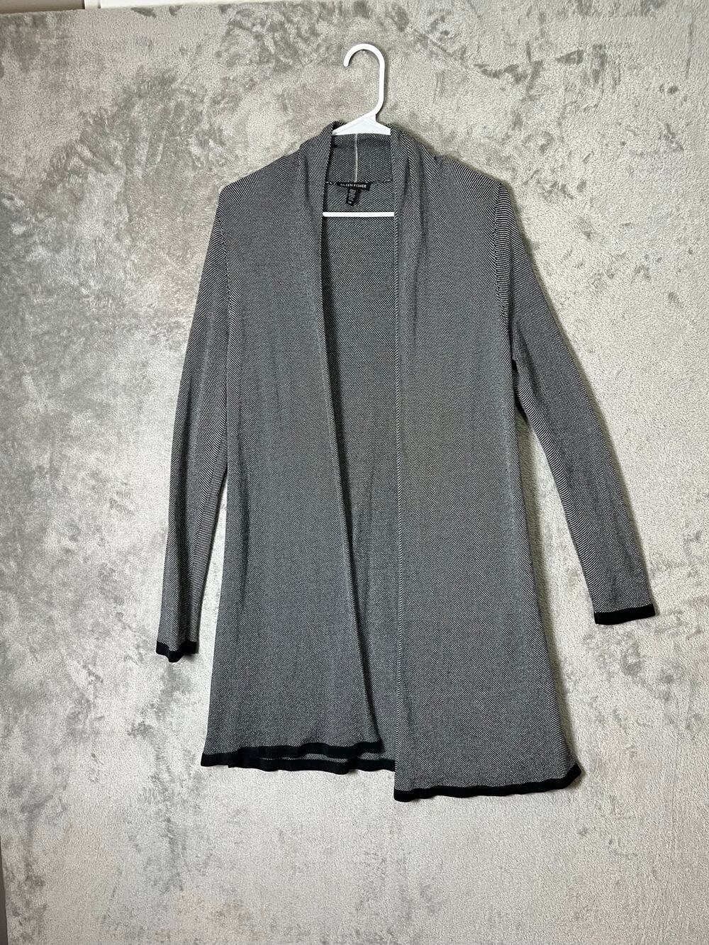 Eileen Fisher Open Front Long Cardigan Black White Knit Lyocell Blend‎ Size S